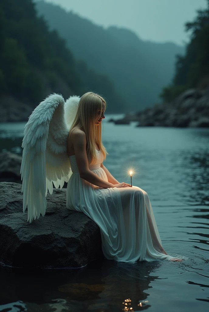 A captivating hiperealistic gothic atmosphere featuring a beautiful angel with very imposing wings closed over her head, long straight blonde hair, very long legs. Her strikingly clear eyes and gorgeous lips reflect an ethereal quality as she sits on a rugged rock by a serene river, the long veils of his dress falling from his legs until he dives into the water carried by the current. The scene is illuminated solely by the soft glow of her iPhone, casting a mystical light that highlights her delicate features and the surrounding dark, moody landscape. The river glimmers subtly in the background, enhancing the enchanting yet melancholic, (((view in front of her)))