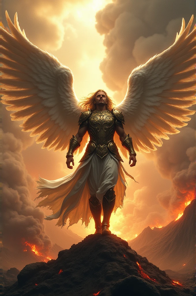 A beautiful male angel with huge wings, strong and blond with medieval armor ,breaking big thick currents, scenario near apocalyptic volcanoes