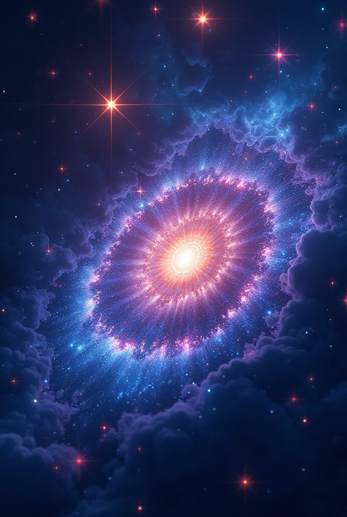 Create a mesmerizing scene featuring an illusion of a vast galaxy filled with bright, twinkling stars. The stars should be vividly colored, with hues of electric blue, radiant purple, and shimmering pinks, giving the galaxy a vibrant and magical appearance. The stars should be scattered in a spiral pattern, resembling the Milky Way, with some stars glowing more intensely to create a sense of depth and dimension. The background should be a deep, velvety black with subtle gradients of dark blues and purples, enhancing the clarity and brilliance of the stars. The overall effect should be both awe-inspiring and otherworldly, as if one is gazing into the infinite expanse of the cosmos.
