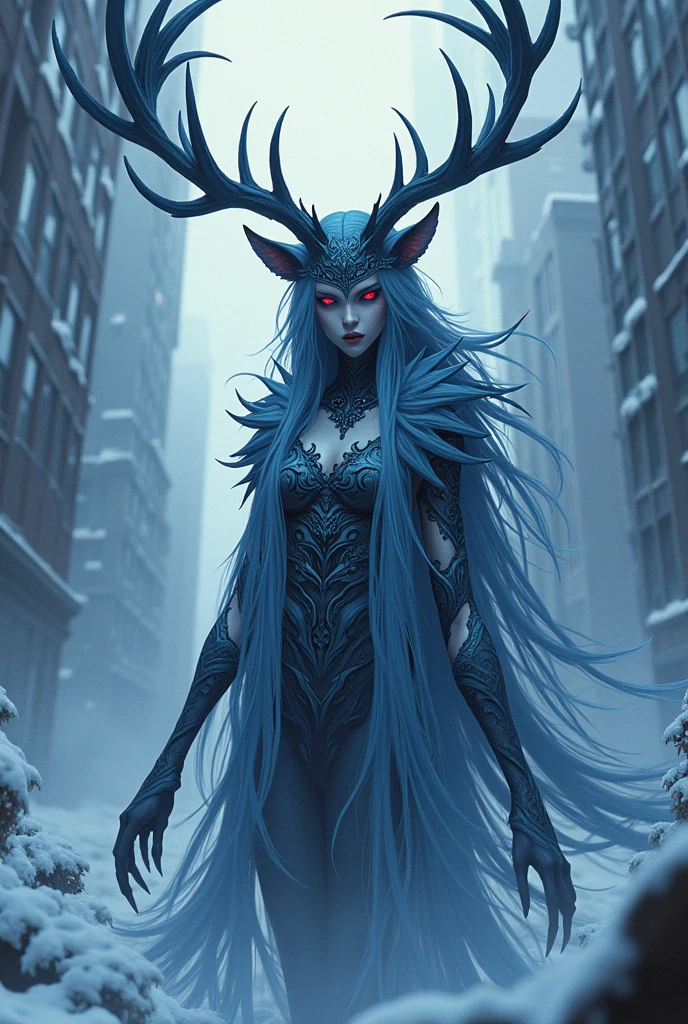 A mystical and captivating wendigo in Japanese anime style, this female character exudes a dark and twisted aura within a snowy urban legend setting. She is depicted with icy blue fur, sharp claws, and piercing red eyes, embodying a sense of haunting beauty and danger. The image, likely a digital illustration, is intricately detailed, with flowing fur and intricate patterns adorning her antlers. The striking contrast between her elegant appearance and eerie atmosphere creates a mesmerizing and immersive experience for viewers.