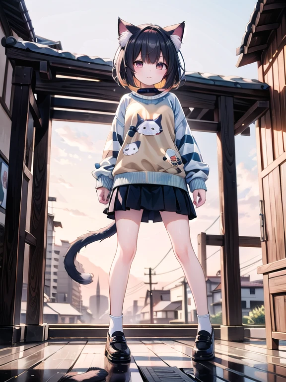 1girl, striped sweater and skirt, cat ears, cat tail, village house, entrance, sunset, detailed body, detailed face, detailed eyes, full body detailed, best quality, 8k quality, masterpiece, , warm lighting, soft colors