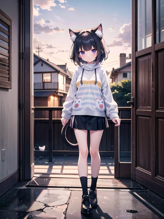 1girl, striped sweater and skirt, cat ears, cat tail, village house, entrance, sunset, detailed body, detailed face, detailed eyes, full body detailed, best quality, 8k quality, masterpiece, , warm lighting, soft colors