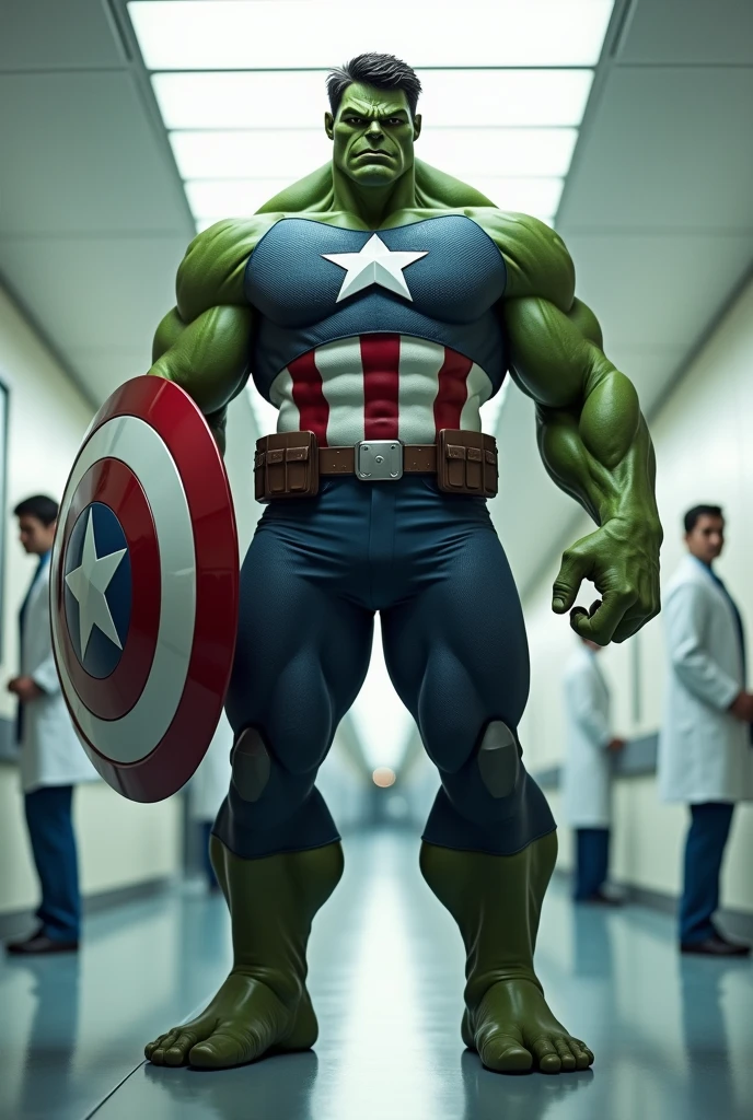 Imagine Hulk wear captain America Costume in Side Hospital, Wide Angle View, full shirt doctor clothes