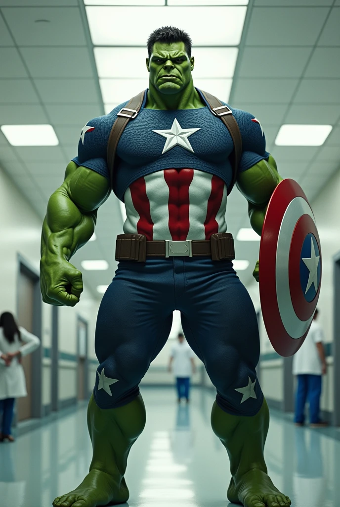 Imagine Hulk wear captain America Costume in Side Hospital, Wide Angle View, full shirt doctor clothes