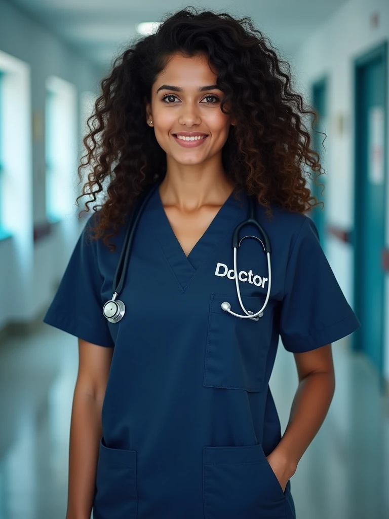 A beautiful sri lankan lady doctor with curly long voluminous hair, fair golden and clear skin, has hourglass body shape, wearing a dark blue colour scrub with name doctor.amd dark blue colour stethoscope at a hospital.looking proud.do not add 4 pictures. Only one picture