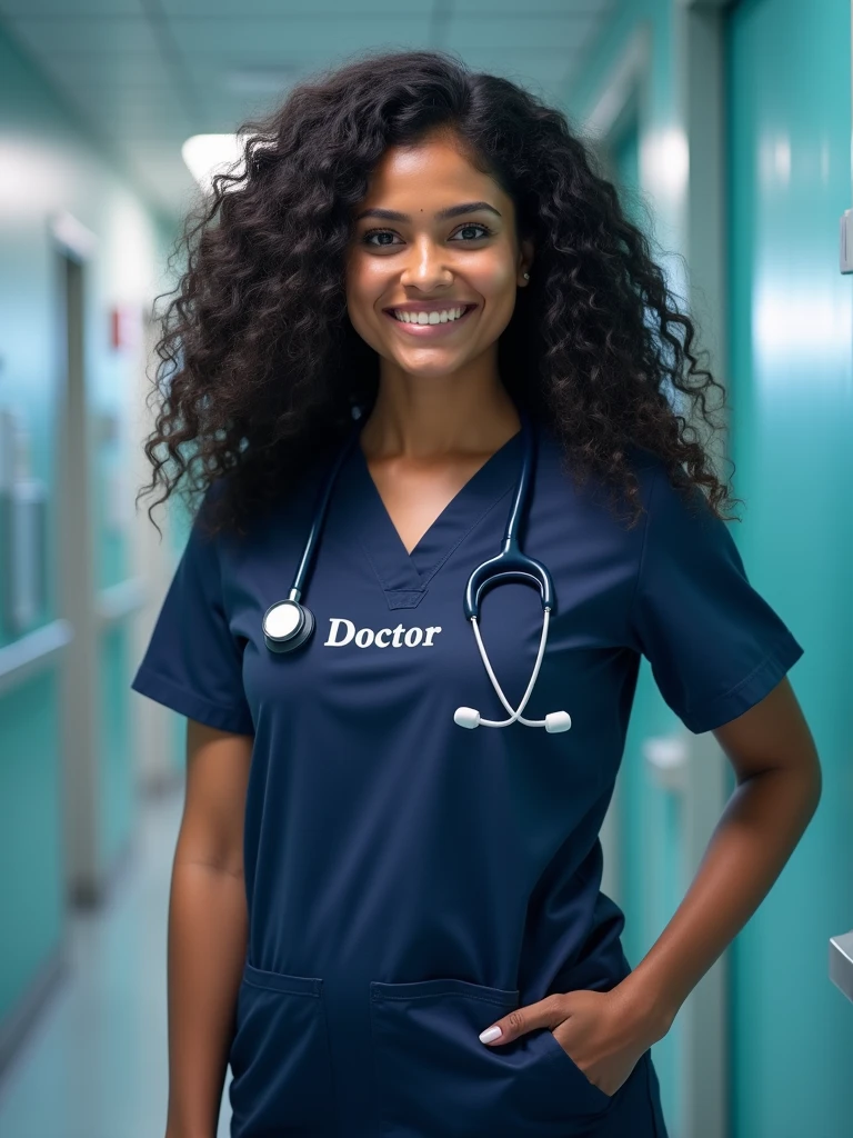A beautiful sri lankan lady doctor with curly long voluminous hair, fair golden and clear skin, has hourglass body shape, wearing a dark blue colour scrub with name doctor.amd dark blue colour stethoscope at a hospital.looking proud.do not add 4 pictures. Only one picture