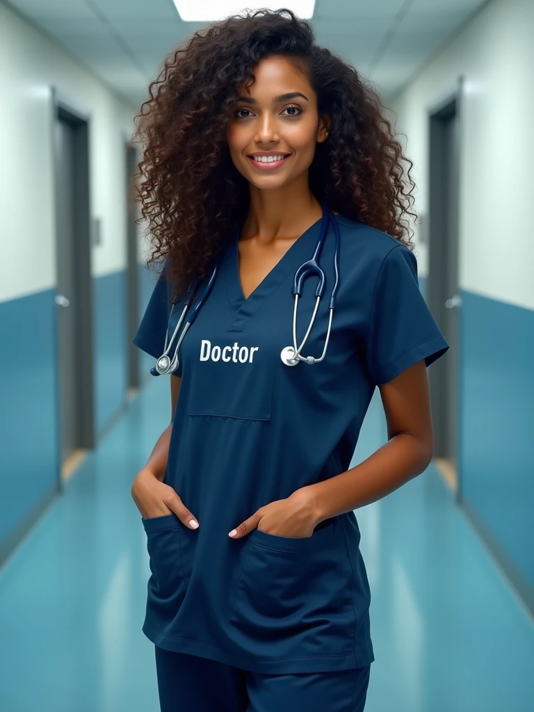 A beautiful sri lankan lady doctor with curly long voluminous hair, fair golden and clear skin, has hourglass body shape, wearing a dark blue colour scrub with name doctor.amd dark blue colour stethoscope at a hospital.looking proud.do not add 4 pictures. Only one picture