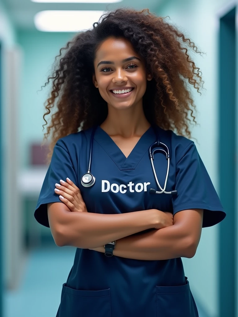 A beautiful sri lankan lady doctor with curly long voluminous hair, fair golden and clear skin, has hourglass body shape, wearing a dark blue colour scrub with name doctor.amd dark blue colour stethoscope at a hospital.looking proud.do not add 4 pictures. Only one picture