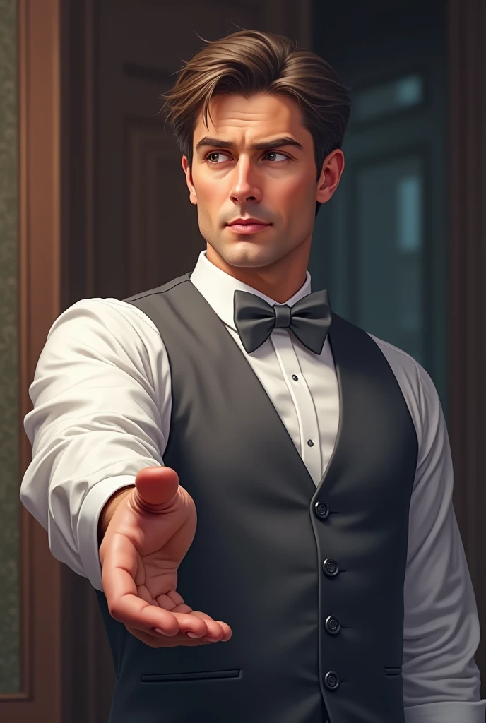 One with his hand extended forward. He is wearing a gray bow tie and a white shirt.. Have written the sentence: "Give me a congress button?"