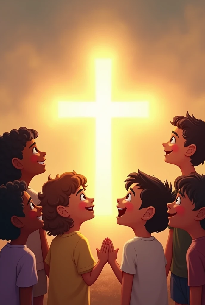 Image with a very light background, a representation of the clear cross at the top and children of different colors looking at the cross happily. The children around the cross.