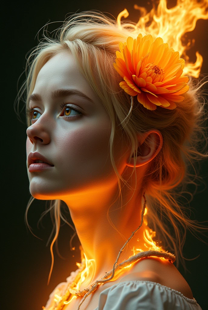 Blonde girl medium angle looking up profile from neck up Flames come out of her neck that turn into plant roots around her face and around her eye a large flower is created see her light brown eye on the left side