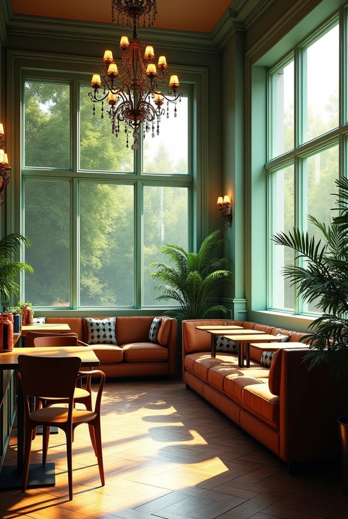 There is a cafe，With sofa and chairs, surface, and a chandelier, Large green glass window, Unreal Engine photorealistic rendering, Unreal Engine photorealistic rendering style, Lounge Background, HDR Rendering in Unreal Engine 5, Unreal Engine 5 Rendering, Movie Rendering Unreal Engine, Unreal Engine is highly rendered, Many large green windows, highly realistic unreal engine, Large Windows, Unreal Engine Rendering