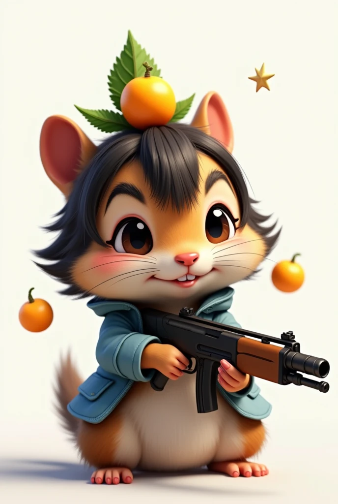(masterpiece, best quality, ultra detailed, 8k, photorealistic, hyperrealistic photo), A girl chipmunk is riding with a gun, (A girl chipmunk has a small Yuzu with a fruit leaf on her head.), (The chipmunk has three lines of dark hair on its head.), (Girl chipmunks have pink cheeks), Background is white,