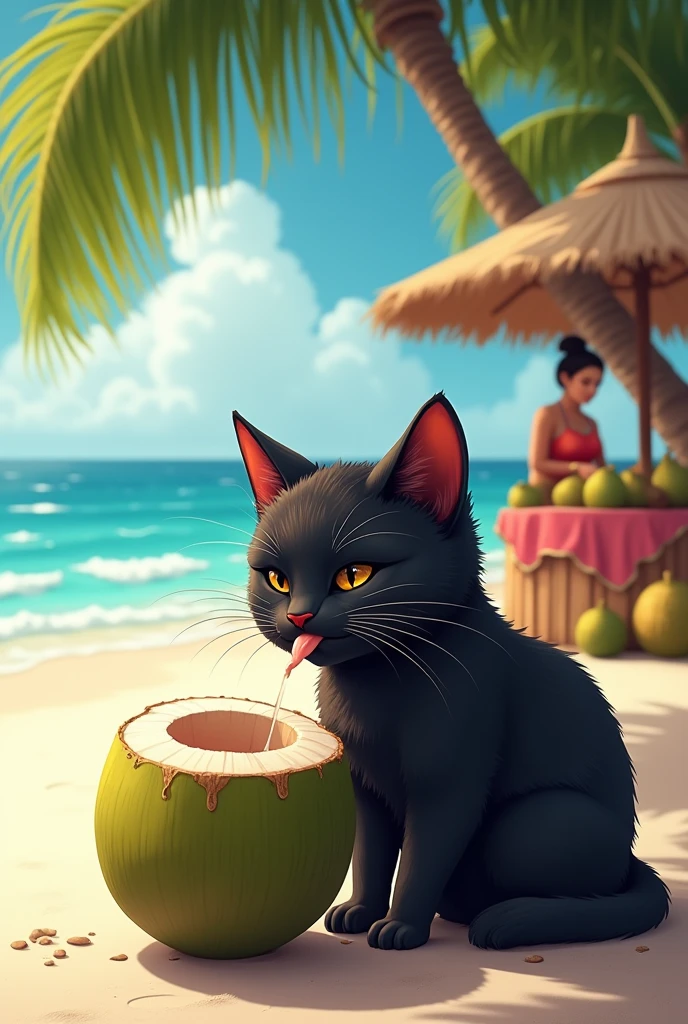 Black cat drinking  coconut water at beach and enjoying, coconut seller coconut tree