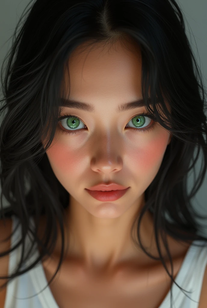 (Fictional realizem:1.2), 18 year beautiful woman with golden-brown skin, She has clear, wide, green eyes, a monobrow, a turned-up nose and defined cheekbones. She has medium-length, straight, black hair, skin texture, hyper realistic, lip gloss, perfect eyes, portrait
(ANGLE FROM TOP TO DOWN, IN THE FRAME