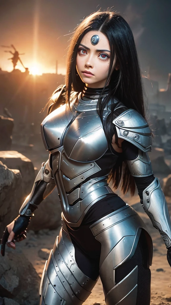 Cyborg Warrior (Alita Battle Angel), Jump into the viewer's eyes with a dynamic pose (Fighting Pose), Made with precise engineering (Enhanced cybernetics, Pure energy wells up throughout your aura, Neon fiber optic, Portraiture, Ultra-realism, Ultra-detailed, Chaotic energy, Background to the action (Fight), Intricate details, Ray Tracing, Scattered beneath the surface, Shadow Blending, Cinematic, Unlimited super-resolution image quality and rendering, Cinematic color grade