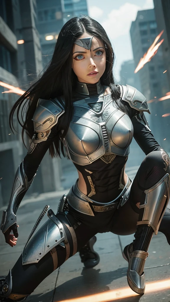 Cyborg Warrior (Alita Battle Angel), Jump into the viewer's eyes with a dynamic pose (Fighting Pose), Made with precise engineering (Enhanced cybernetics, Pure energy wells up throughout your aura, Neon fiber optic, Portraiture, Ultra-realism, Ultra-detailed, Chaotic energy, Background to the action (Fight), Intricate details, Ray Tracing, Scattered beneath the surface, Shadow Blending, Cinematic, Unlimited super-resolution image quality and rendering, Cinematic color grade
