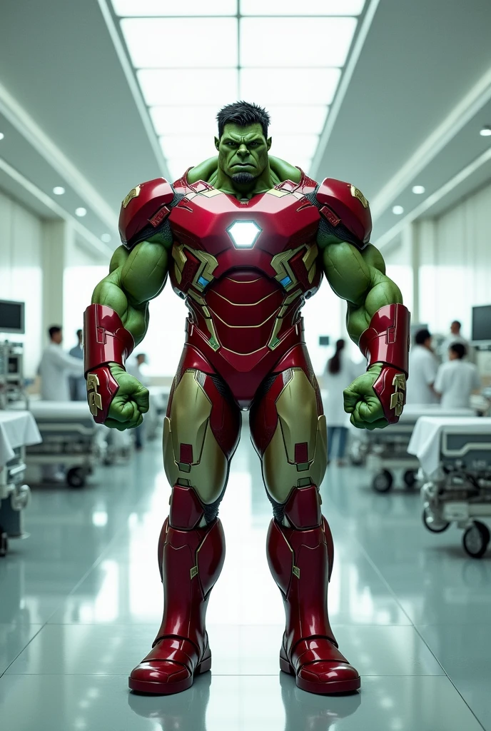 Imagine Hulk wear iron man red colour Costume in Side Hospital, Wide Angle View, full shirt doctor clothes