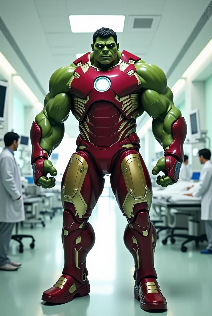 Imagine Hulk wear iron man red colour Costume in Side Hospital, Wide Angle View, full shirt doctor clothes