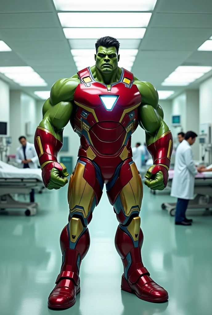 Imagine Hulk wear iron man red colour Costume in Side Hospital, Wide Angle View, full shirt doctor clothes