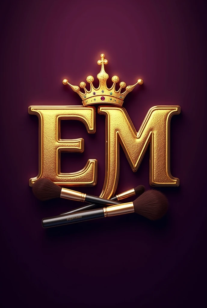please make me a logo, letter "e and m" with a bold and GLAM style, using gold collor crown and a few make up brush on top and dark purple for background , HD, high resoluttion image