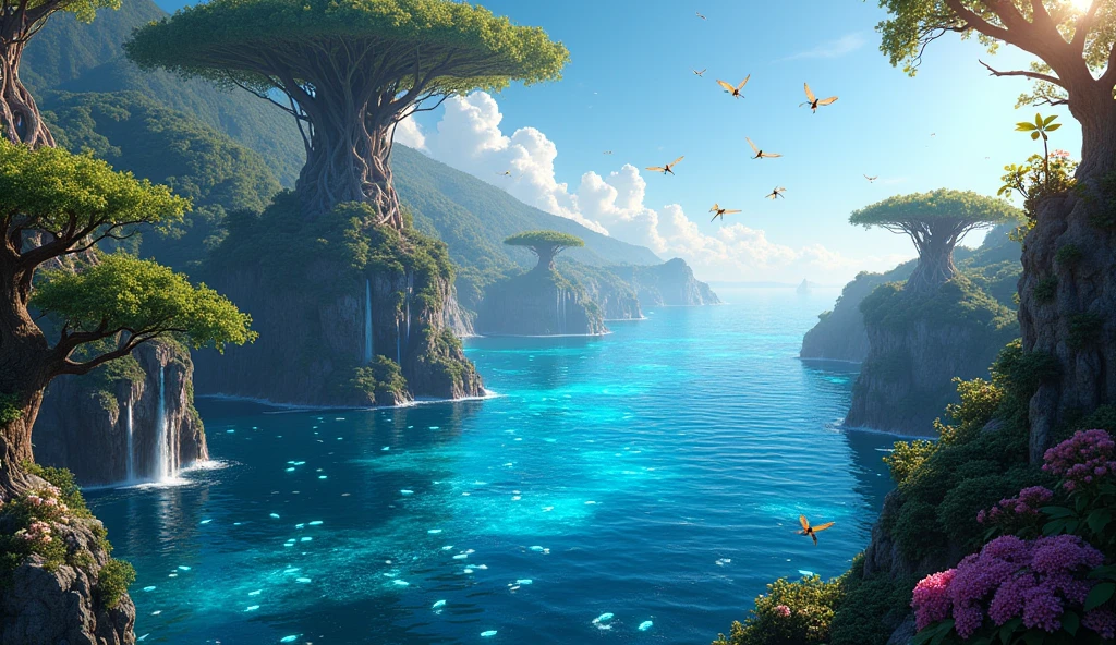A Glimpse of Pandora’s Oceans
Shot 1: Aerial View of Pandora’s Ocean

Description:
The scene opens with an expansive aerial shot, revealing the breathtaking ocean of Pandora, stretching to the horizon. The camera glides gracefully over the deep blue water, shimmering under the bright sunlight, which bathes the entire landscape in a golden glow. The ocean's surface is alive with movement; gentle ripples create a shimmering dance as the water reflects the vibrant sky above. Beneath the surface, glimpses of Pandora's marine life can be seen—schools of exotic, bioluminescent fish darting in and out of view, their bodies glowing in shades of blue, green, and purple.

The waves lap softly against the base of floating islands, which drift majestically above the water. These islands are lush with verdant foliage, their surfaces covered in thick, emerald-green grass that sways gently in the breeze. Towering Hometrees, unique to Pandora, rise from the islands, their massive roots hanging down and dipping into the ocean below, creating a natural bridge between land and sea. The trees are covered with a network of glowing tendrils that pulse with a faint blue light, hinting at their deep connection to Eywa, the guiding spirit of Pandora.

The floating islands are adorned with vines and flowering plants that cascade over the edges, some of which bloom with vibrant, bioluminescent flowers that glow softly, even in daylight. Smaller flying creatures, resembling a cross between birds and dragonflies, flit between the islands, their wings catching the light, creating a dazzling display of color. In the distance, towering cliffs of the coastal regions rise, covered in a dense tapestry of vegetation, with cascading waterfalls that spill into the ocean, creating misty rainbows.

The sky is a brilliant azure, painted with wispy clouds that drift lazily, and the faint outlines of Pandora’s moons can be seen in the background, adding to the scene's otherworldly feel. Avatar Movie Inspire