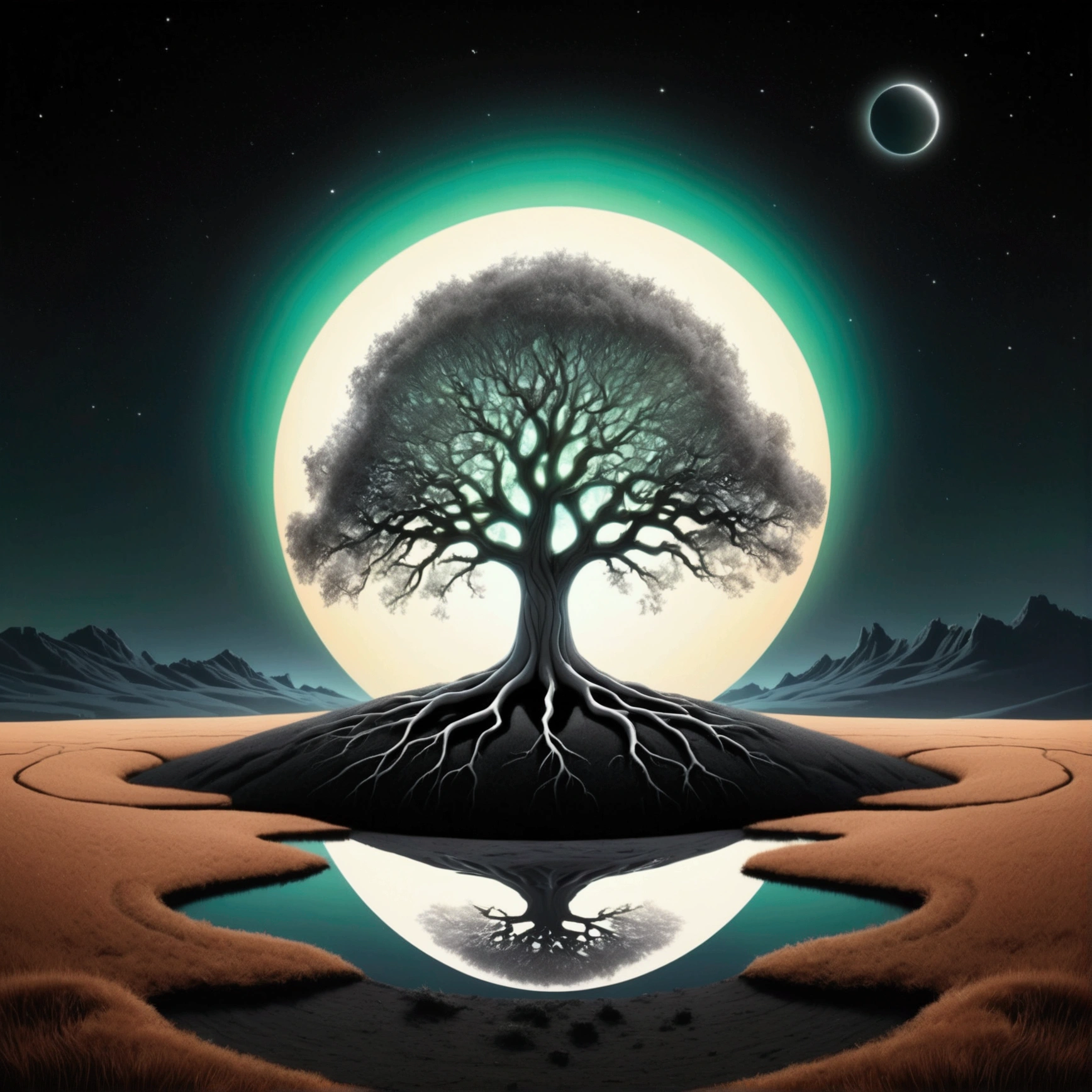 minimalist 3D render, surreal landscape, smooth geometric plane, single perfectly spherical sun, low horizon, stark single shadow, impossibly tall metallic tree (an OAK tree with explendorous roots above the soil), glowing magical apple, limited black white accent color palette, mesmerizing aurora borealis, vibrant hues, clean geometric aesthetic, sense of isolation quiet wonder magic surrealism, perfect contrast vanishing points, empty edges