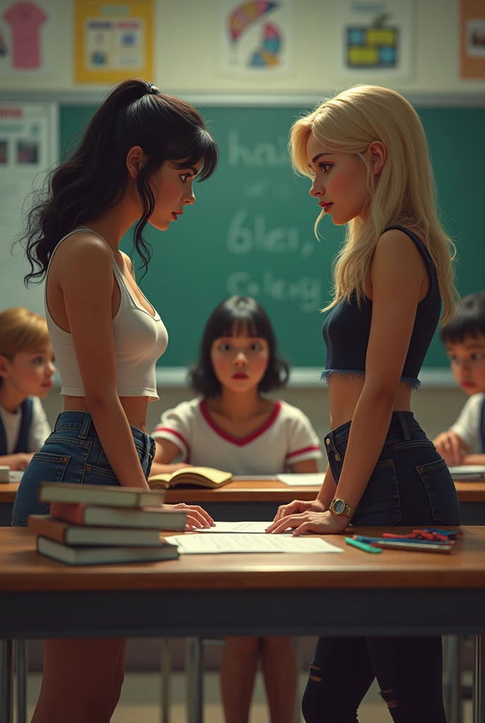 Create an image of 2 spoiled teenage girls and a worried teenage girl in a classroom with a passive teacher
