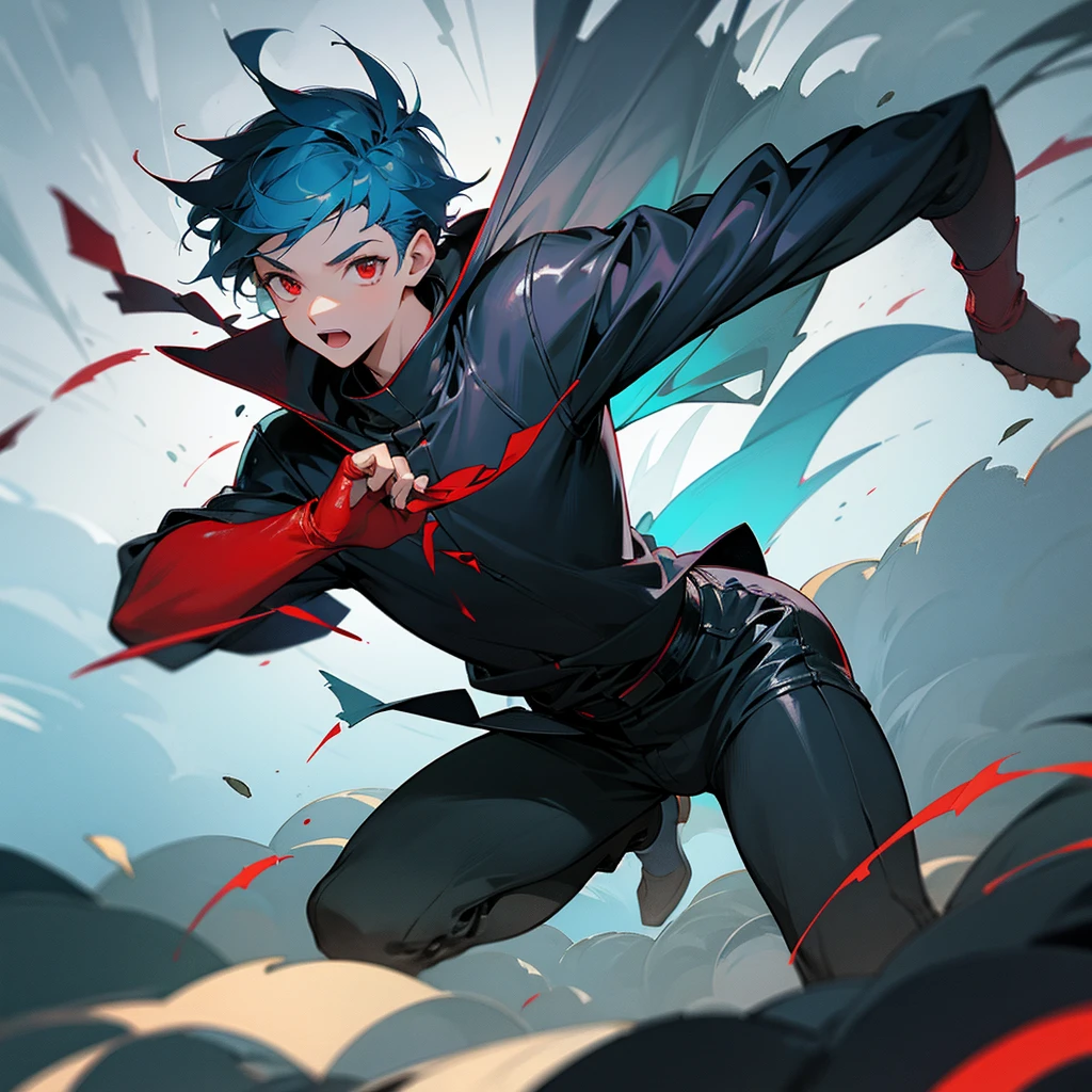 textured leather, Boy running through foggy forest, Short blue hair, Red eyes, detailed clothing 