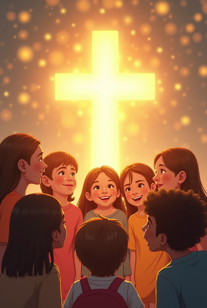 Image with a very light background, a representation of the clear cross at the top and children of different colors looking at the cross happily. The children around the cross.