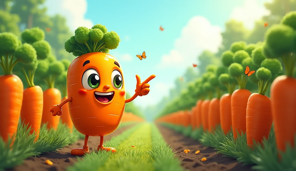 veggie points toward a carrot patch long and orange carrot for cartoon