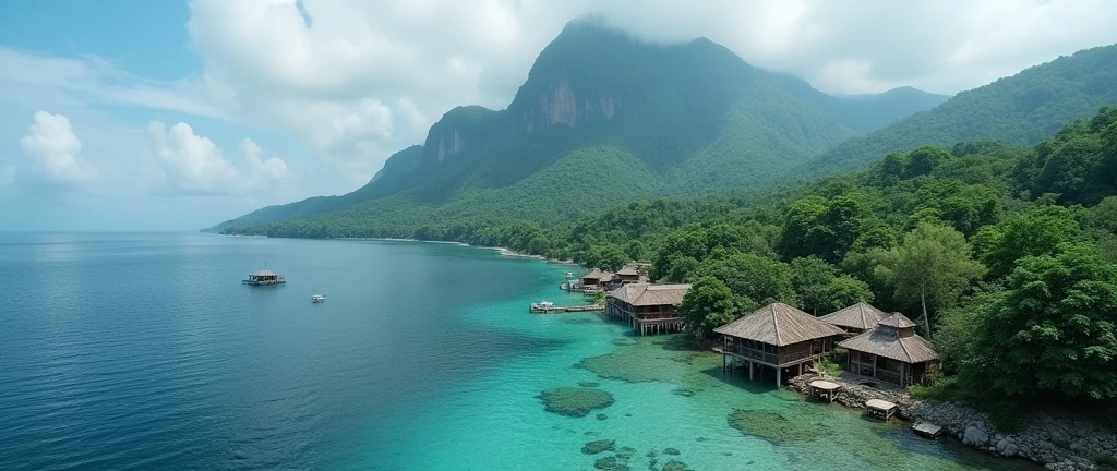 Village from ancient Ternate island, Maluku, Indonesia, beside a ocean and Ternate mountain, there is no peoples, hyper realistic, masterpiece, best quality, ultra-detailed, UHD, 64K