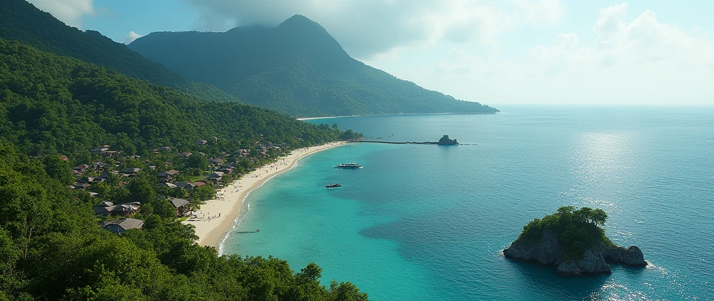 Village from ancient Ternate island, Maluku, Indonesia, beside a ocean and Ternate mountain, there is no peoples, hyper realistic, masterpiece, best quality, ultra-detailed, UHD, 64K