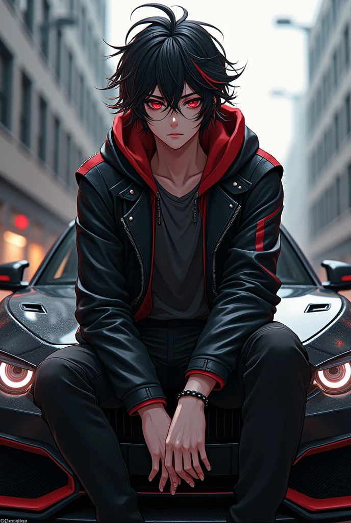 Adult anime boy with black hair with red streaks in his hair,with a serious face,with red eyes and black jacket with lots of red details black shirt sitting on the hood of a bmw m3 gtr from need for speed 