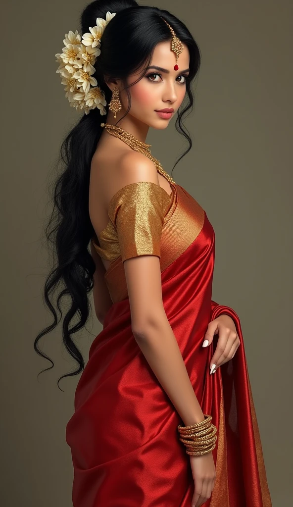 Woman 1: Standing gracefully in a red and gold silk saree, with long black hair tied in a bun, adorned with jasmine flowers. She wears gold jewelry, including bangles and a necklace.