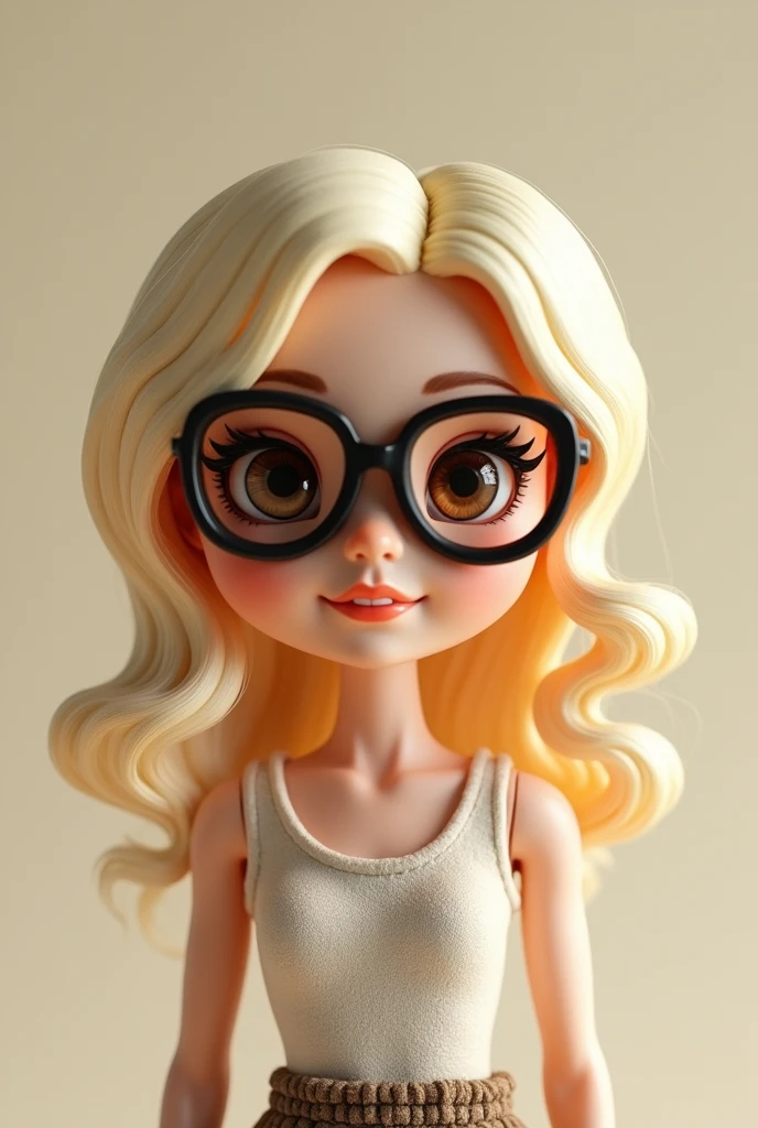 I want an image of a slim, blonde, female doll with brown eyes, smiling, wearing boxing glasses 