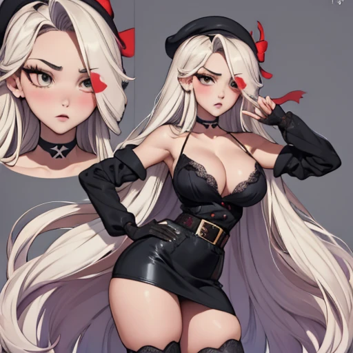 full-body, stand, side, pose for photo, pose(masterpiece, best quality:1.4), absurdres, highres, ultra detailed, beautiful, (secretary), (perfect face, detailed face, beautiful:1.3),(natural breasts, cleavage), collarbone, fingerless gloves, gloves,spaghetti strap top, black pencil skirt, tight, over the knee skirt, hat, elegant secretary outfit, thighhighs, thick thighs, thighs, multiple belts, More detailed 8K.motor irreal:1.4,UHD,La mejor calidad:1.4, fotorrealista:1.4, textura de la piel:1.4, obra maestra:1.8,obra-prima, mejor calidad, (detailed face features:1.3),(manos detailed)
