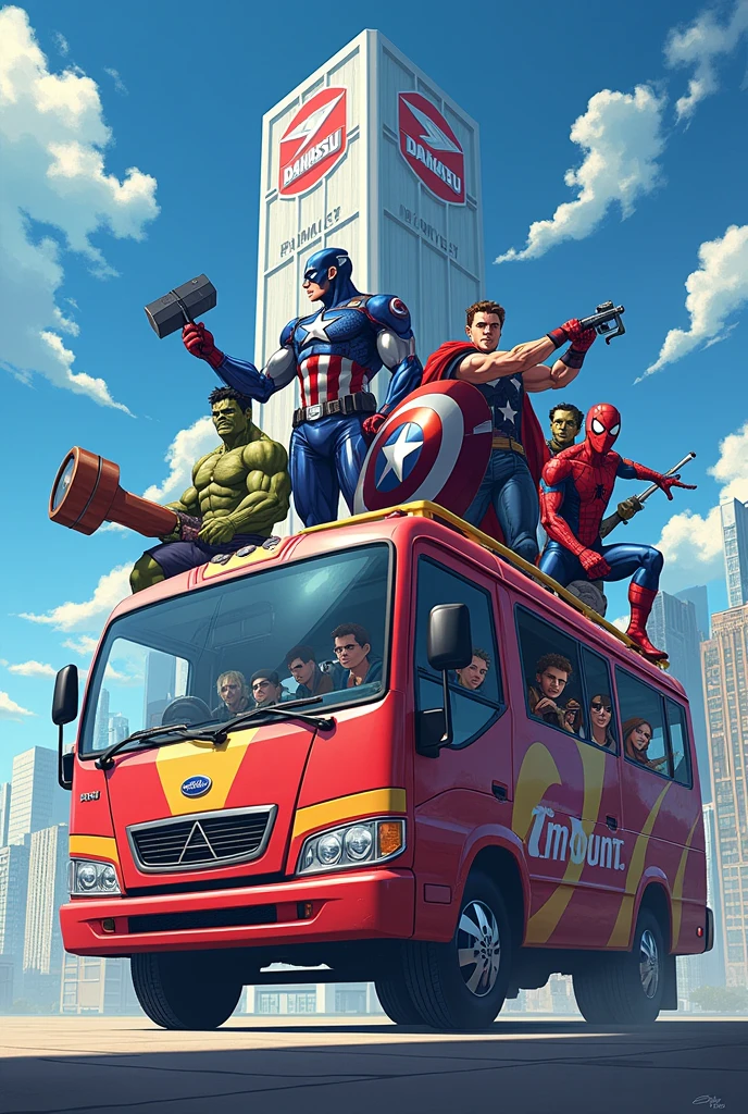 Create an image of the Avengers reimagined as anime characters. Include characters like Iron Man, Captain America, Thor, Hulk, Black Widow, spiderman, wolverine, deadpool and doctor strange. Design them with exaggerated anime-style features, such as big, expressive eyes, dynamic poses, and sleek, detailed armor or costumes. With landscape size, position each character in a bus or on a bus that says Daihatsu with a building that says Daihatsu in the background, which emphasizes action and intensity. "Each character must have a unique anime-style weapon or accessory that matches their personality and strengths."