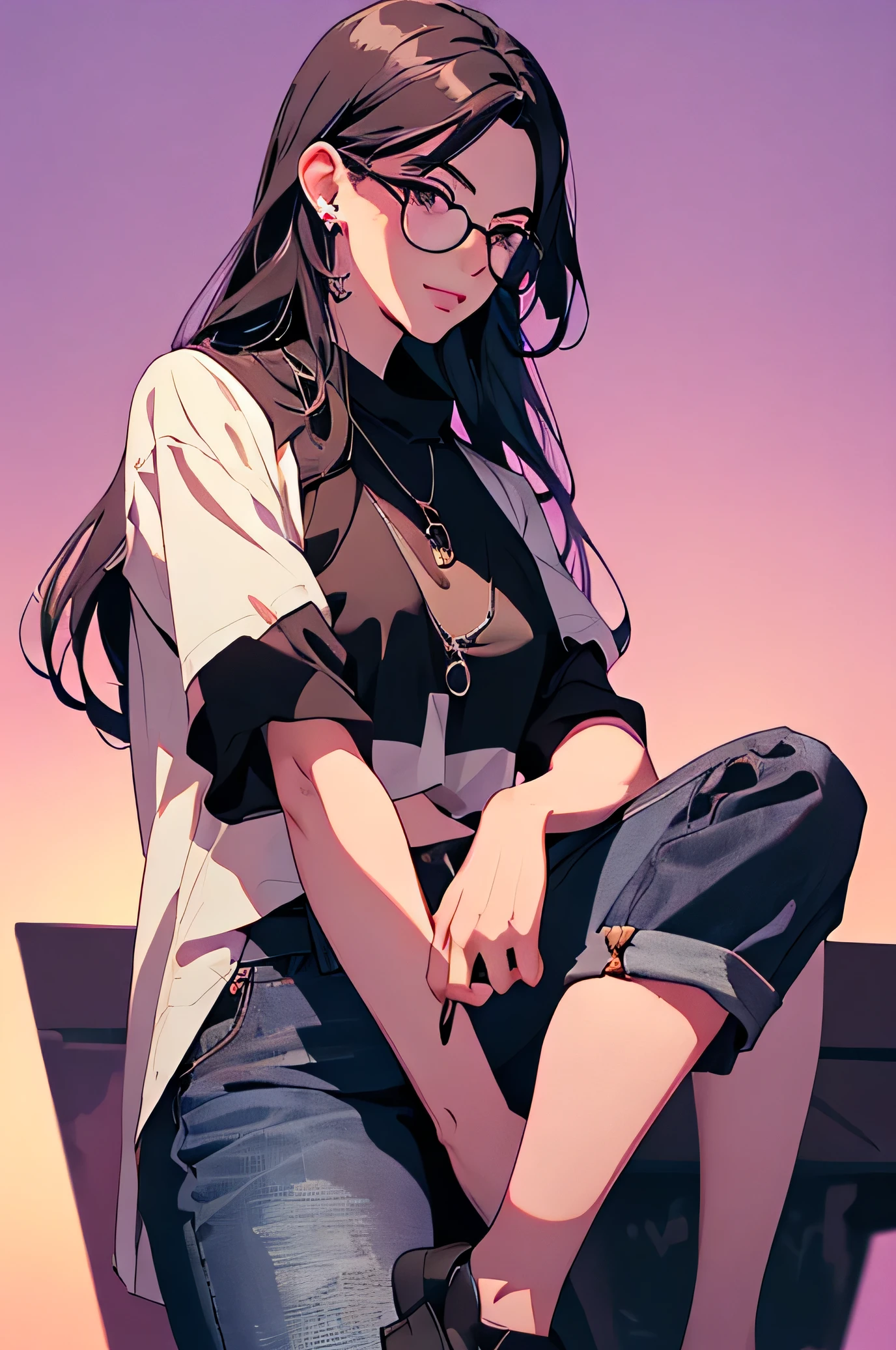 2d illustration, cheered up, un portrait pictórico en bellas artes, in manhwa style, {{Bishamon de noragami}}, 30 years,, women,1 girl, rubio, by the wide, purple eyes, make up, beautiful, High Definition, masterpiece, {{ojos Very detaileds}}, grain filter, detailed lips, High resolution, ultra detailed, portrait, women caucásica, Realistic proportions, Anatomically accurate, rosy cheeks; high quality, Award-winning, 8k, ((Very detailed:1.3), with wavy and voluminous hair, With peach rubioe bangs and purple eyes and voluminous lips, {{black cropped}, ((short jeans)), Anime style illustration, winner, Glasses, {{smiling}}, nacklace, lilac nails
