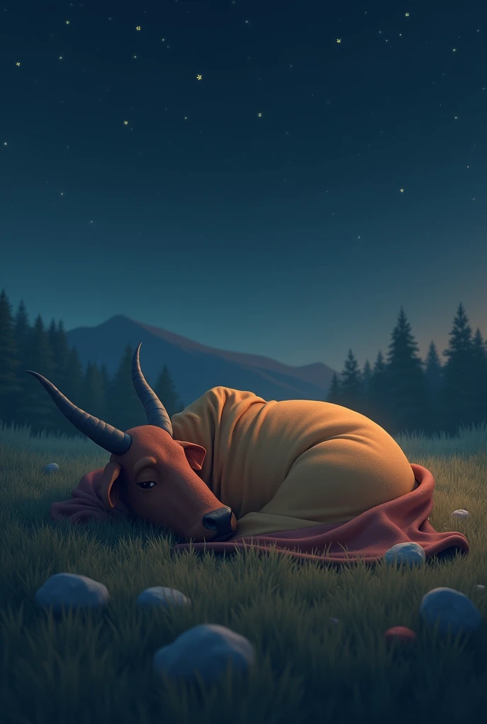 Ox wrapped in blanket sleeping in field at night