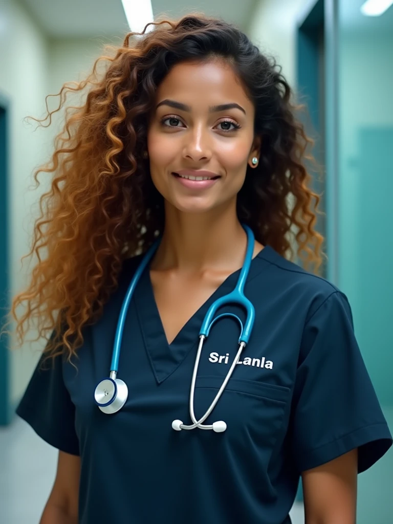A beautiful sri lankan lady doctor with curly long voluminous hair, fair golden and clear skin, has hourglass body shape, wearing a dark blue colour scrub with name doctor.amd dark blue colour stethoscope at a hospital.looking proud.not so slim medium size