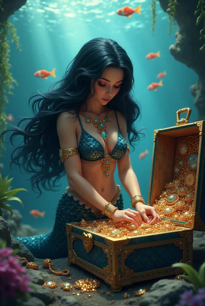 A beautiful pirate girl and a chest of gold guarded by a monster (fortunately, the monster is no longer dangerous, because the treasure can be picked up and sailed on), <lora:sdxl_lora_pirate2:0.7>