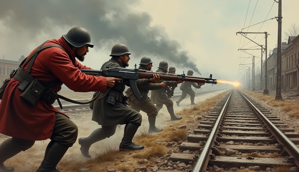 Russian Civi war near railway 1914 oil painting look for book cover creative Gun