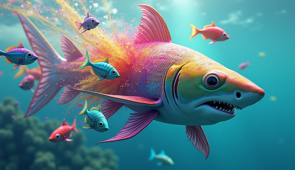 (photorealism: 1.5), colorful fish powered by a great white shark logo, rainbow color, bright color, red yellow green blue purple pink