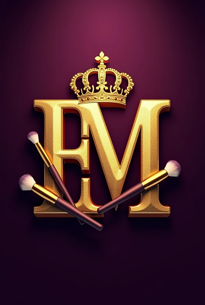 please make me a logo, letter "e and m" with a bold and GLAM style, using gold collor crown and a few make up brush on top and dark purple for background , HD, high resoluttion image
