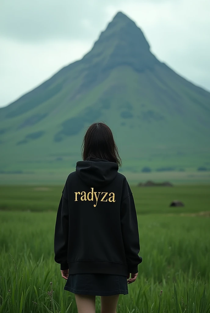 A girl stands on a highland covered with lush green grass, her back facing the camera. She is wearing a black hoodie that contrasts with the natural surroundings. On the back of her hoodie, there is a luxurious golden inscription that shines, spelling out "RADYZA." The text stands out, as if radiating elegance amidst the serene landscape. In the distance, a tall mountain rises majestically, seen from the girl's perspective. At the base of the mountain, a faint line of words can be seen, spelling "STARMAKER" in white, with letters designed in a horror theme, adding a sense of mystery. The girl gazes at the mountain with admiration, while both her arms are stretched out towards the sky, as if she is embracing the grandeur of the nature spread out before her.