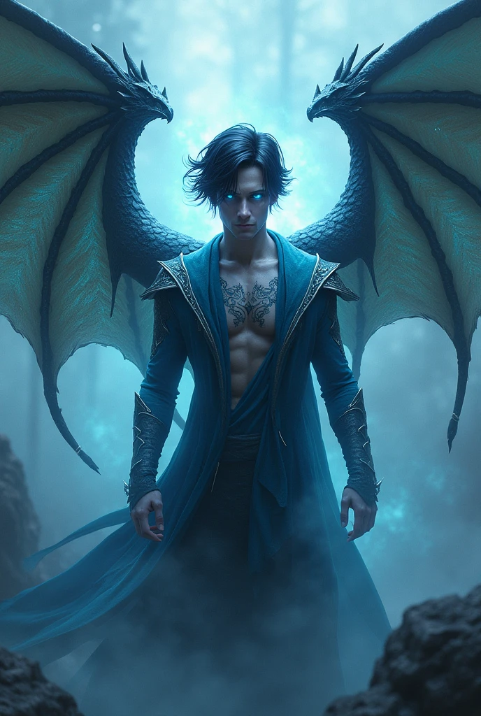 Man, blue eyes, black hair, fae, dragon wings