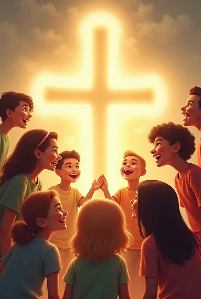 Image with a very light background, a representation of the clear cross at the top and children of different colors looking at the cross happily. The children around the cross.