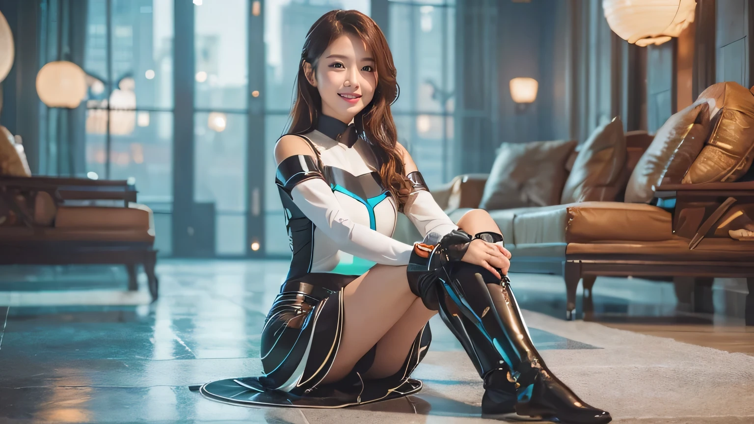 Masterpiece,high resolution,8k,Perfect Face,Perfect body。Smiling woman in futuristic costume, 20 years old, white panties。A realistic live-action Hollywood drama。