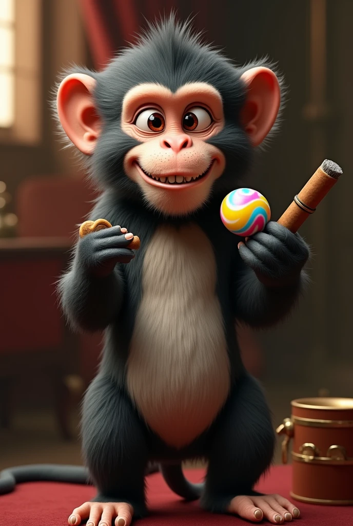 A monkey holding a cigar in one hand and a candy in the other